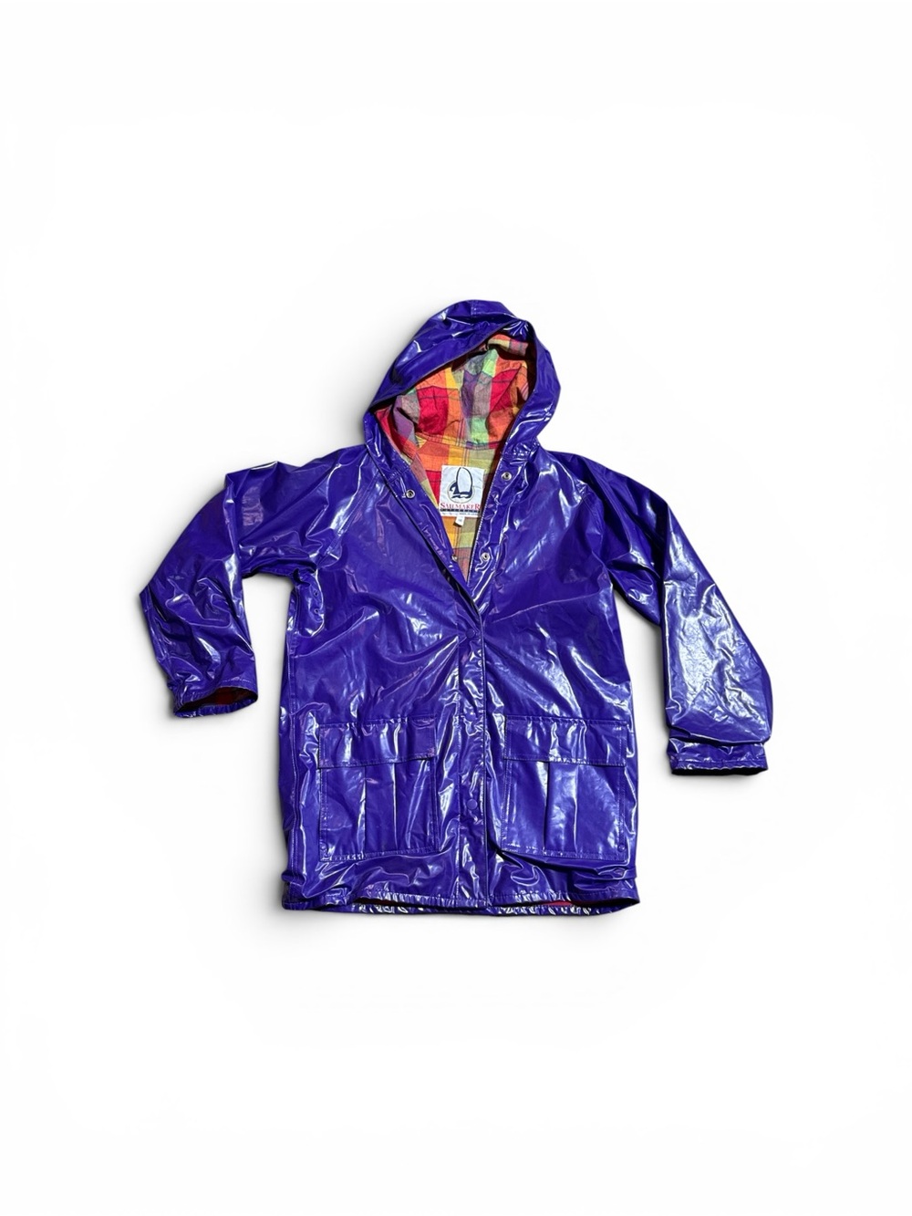 Vintage 1990s Sailmaker Outerwear Bright Purple PVC Hooded Novelty Rain Jacket L